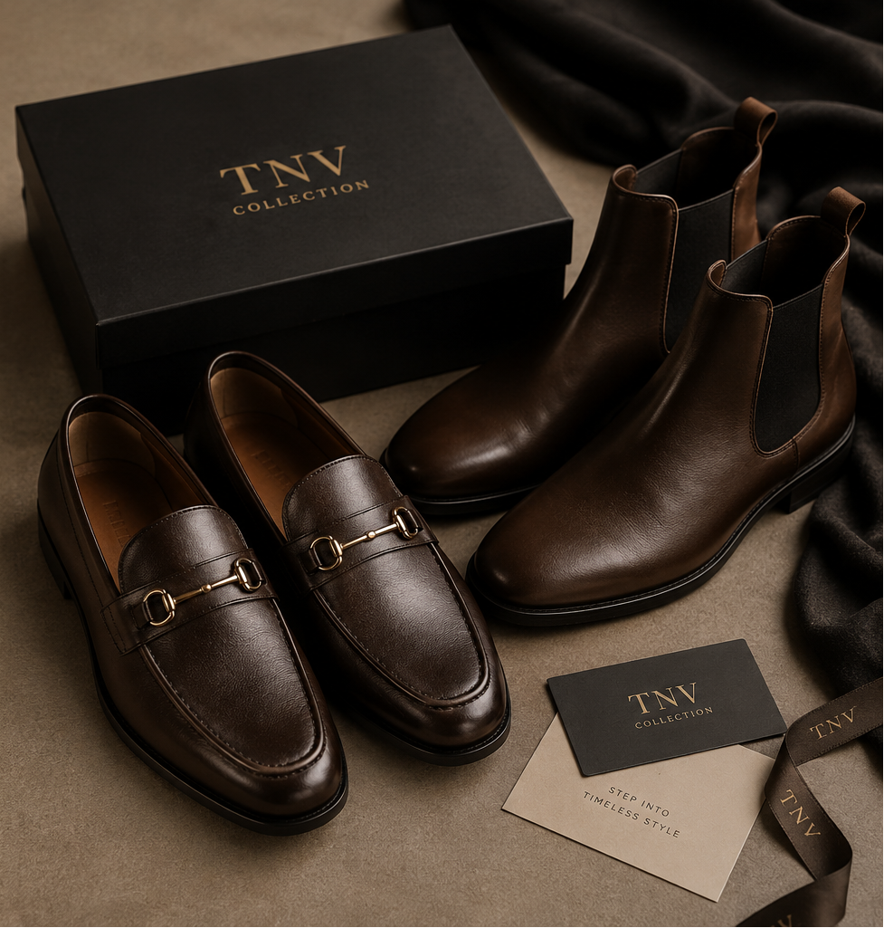 Brown leather shoes with a box and card on a brown surface, featuring TNV Collection branding.