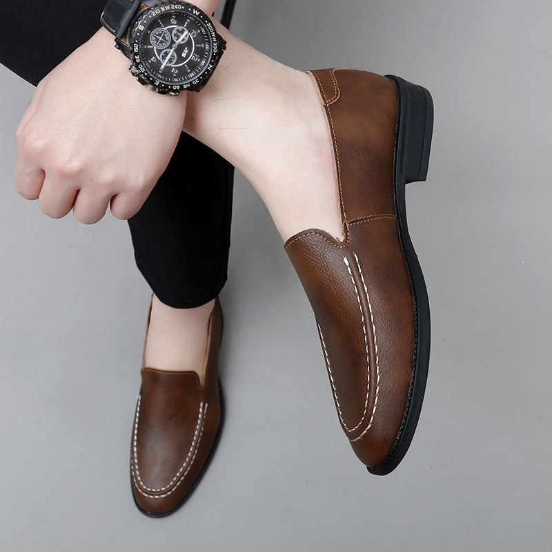 Bean shoesmencasual small leather shoes slip-on breathable pointed toe trendy lazy driving shoes 36