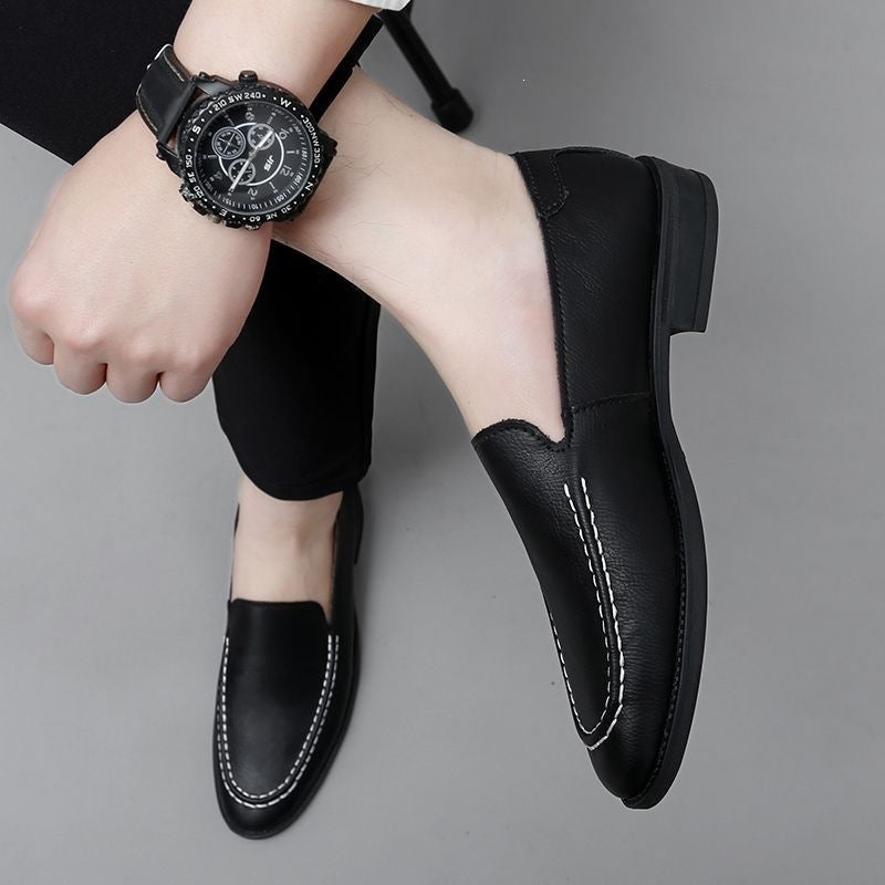 Bean shoesmencasual small leather shoes slip-on breathable pointed toe trendy lazy driving shoes 36