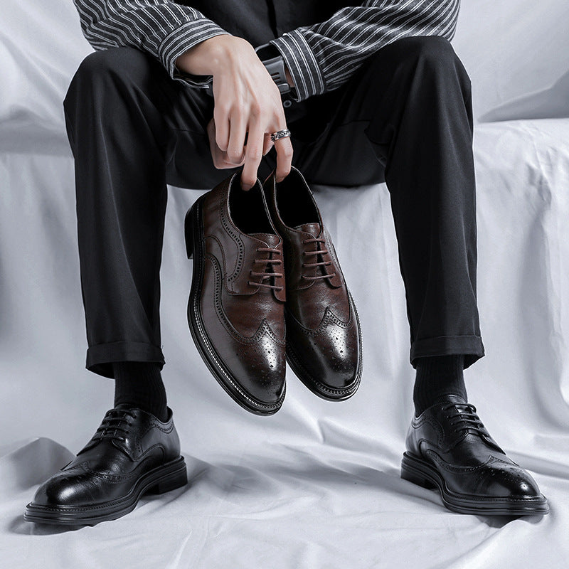 2023 men's black business formal leather shoes, men's thick-soled casual british style groom wedding