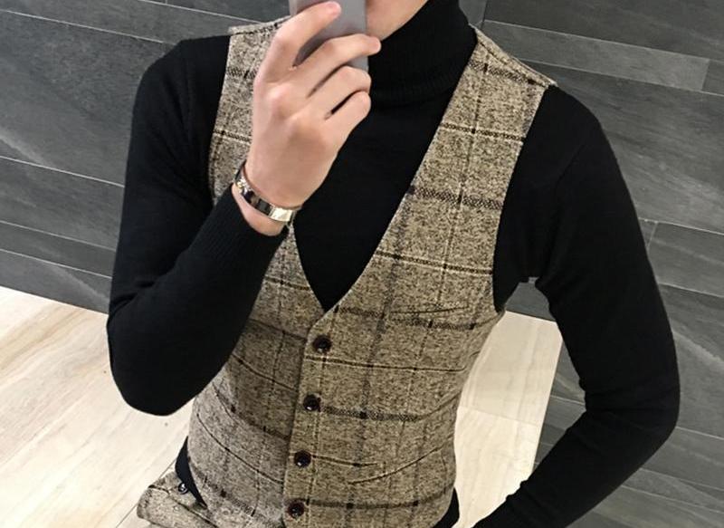 Autumn and Winter Brushed British Thickened Woolen Vest Men's Fashion Plaid Large Size Suit Vest Groomsmen